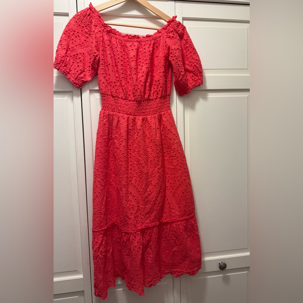 BETSY JOHNSON 🪸Coral orange off-shoulder dress/
eyelet/puff sleeve WOMENS SIZE S